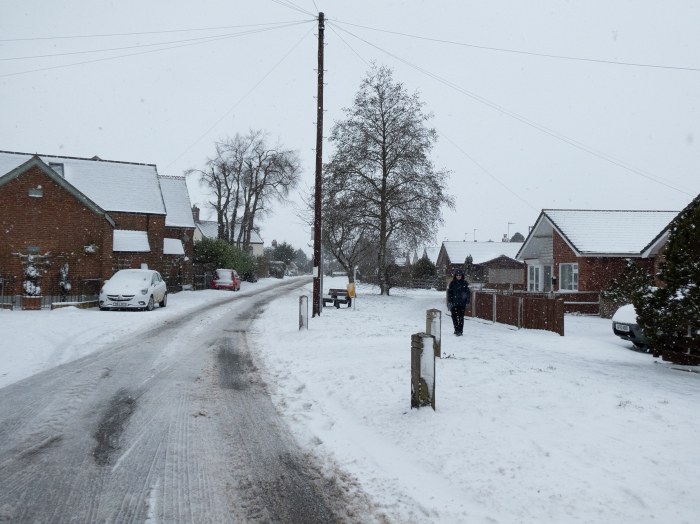 Mill Road, facing east in the snow